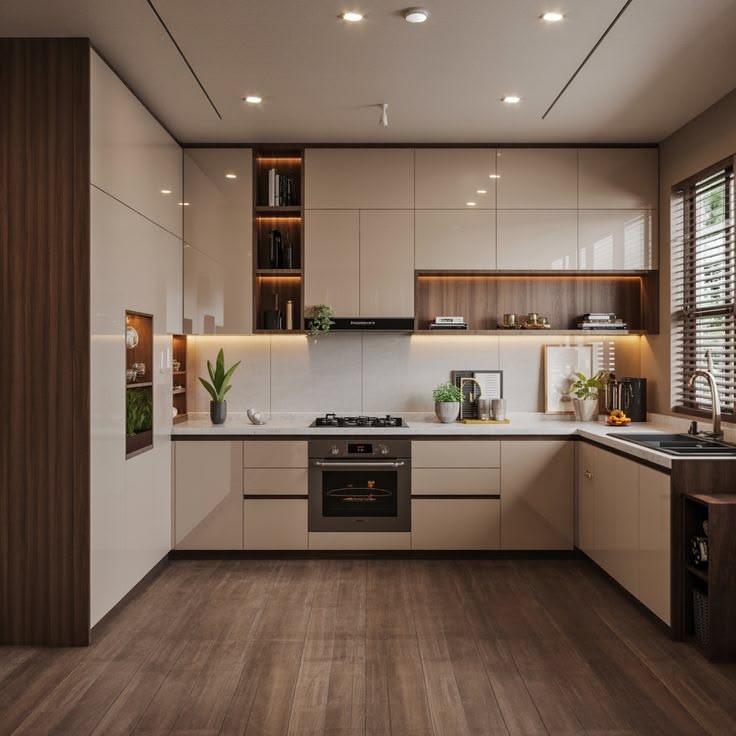 Modern modular kitchen with warm wood and cream cabinetry by New Velocity Modular